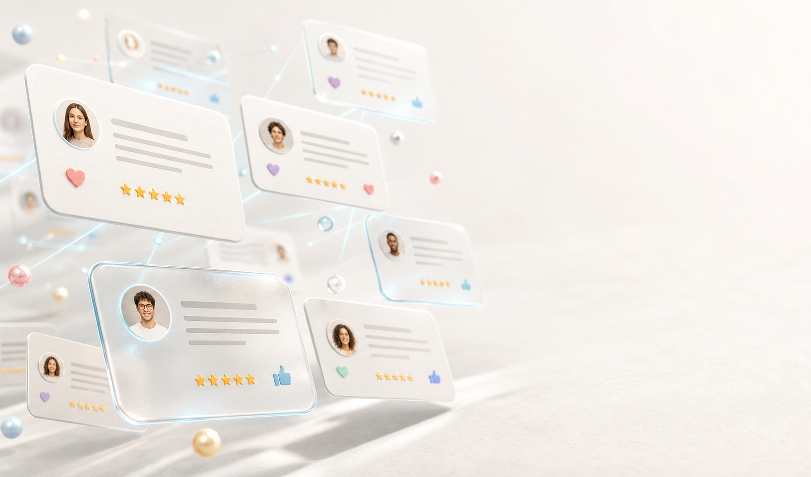Abstract floating cards with portrait and reaction motifs